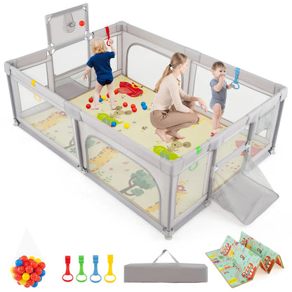 Large Baby Playpen with Mat, Playpen for Babies and Toddlers w/Basketball Hoop & Soccer Nets