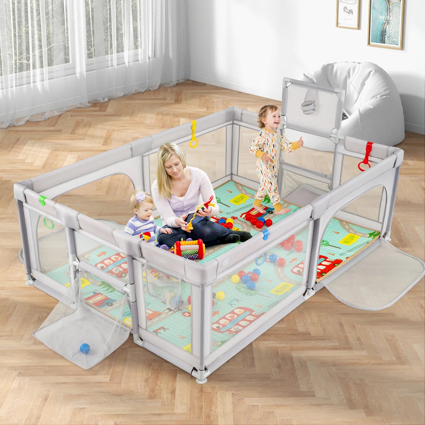 Large Baby Playpen with Mat, Playpen for Babies and Toddlers w/Basketball Hoop & Soccer Nets