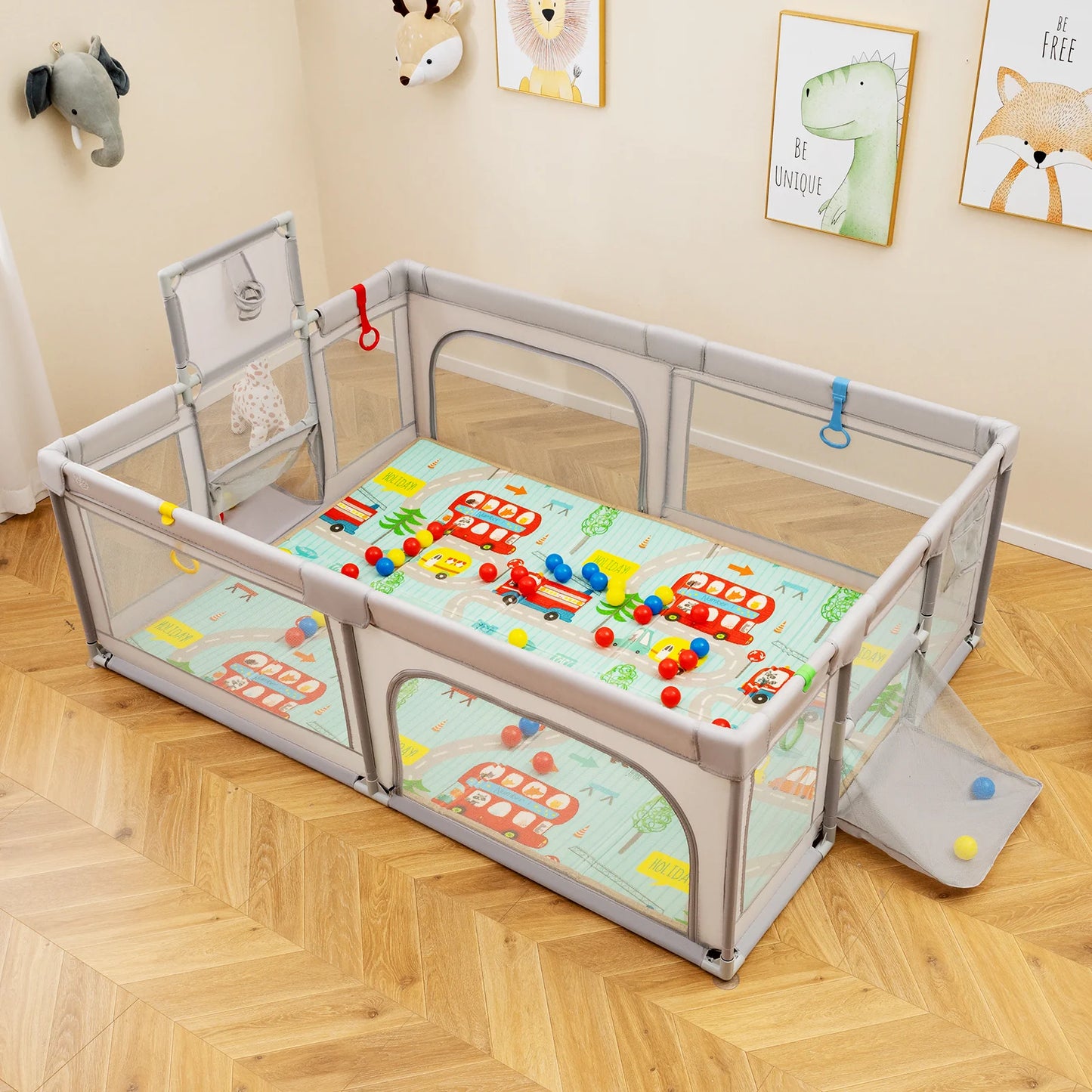 Large Baby Playpen with Mat, Playpen for Babies and Toddlers w/Basketball Hoop & Soccer Nets