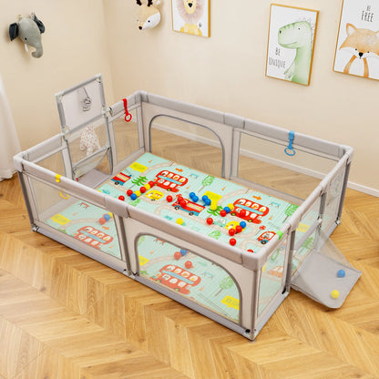 Large Baby Playpen with Mat, Playpen for Babies and Toddlers w/Basketball Hoop & Soccer Nets