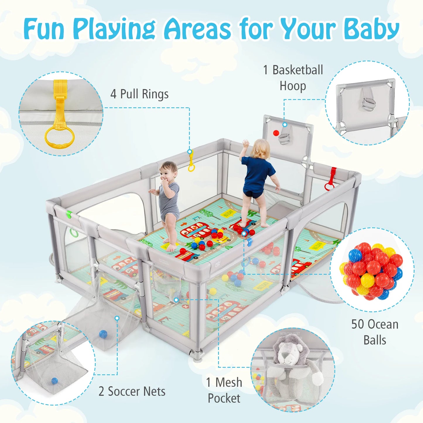 Large Baby Playpen with Mat, Playpen for Babies and Toddlers w/Basketball Hoop & Soccer Nets