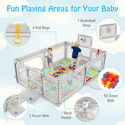 Large Baby Playpen with Mat, Playpen for Babies and Toddlers w/Basketball Hoop & Soccer Nets