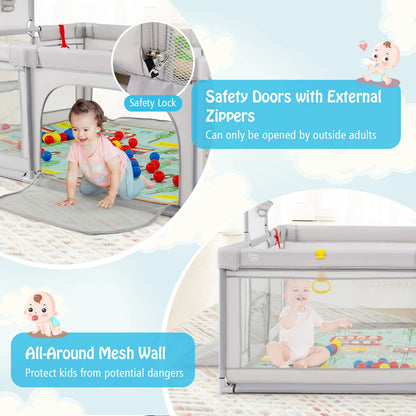 Large Baby Playpen with Mat, Playpen for Babies and Toddlers w/Basketball Hoop & Soccer Nets