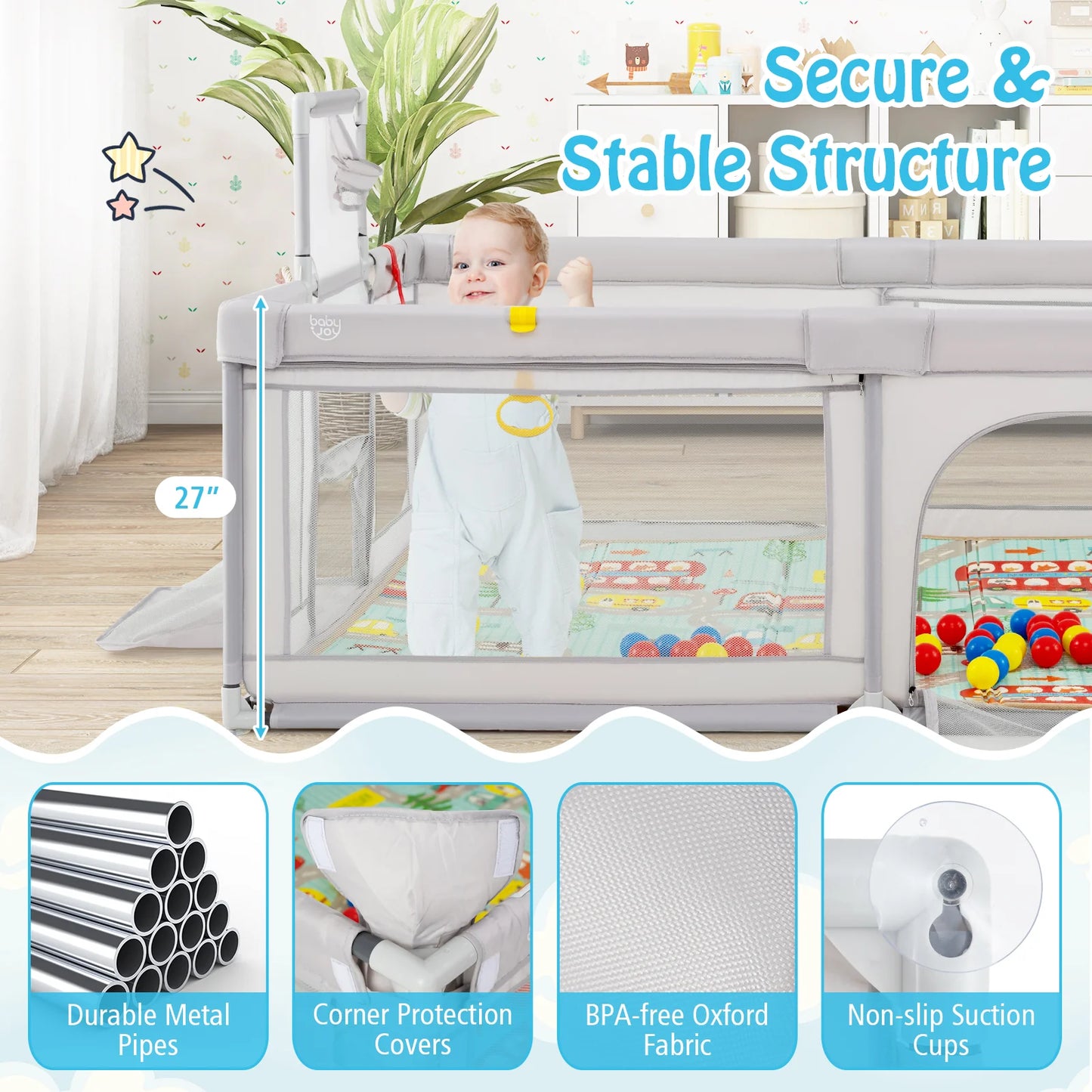 Large Baby Playpen with Mat, Playpen for Babies and Toddlers w/Basketball Hoop & Soccer Nets