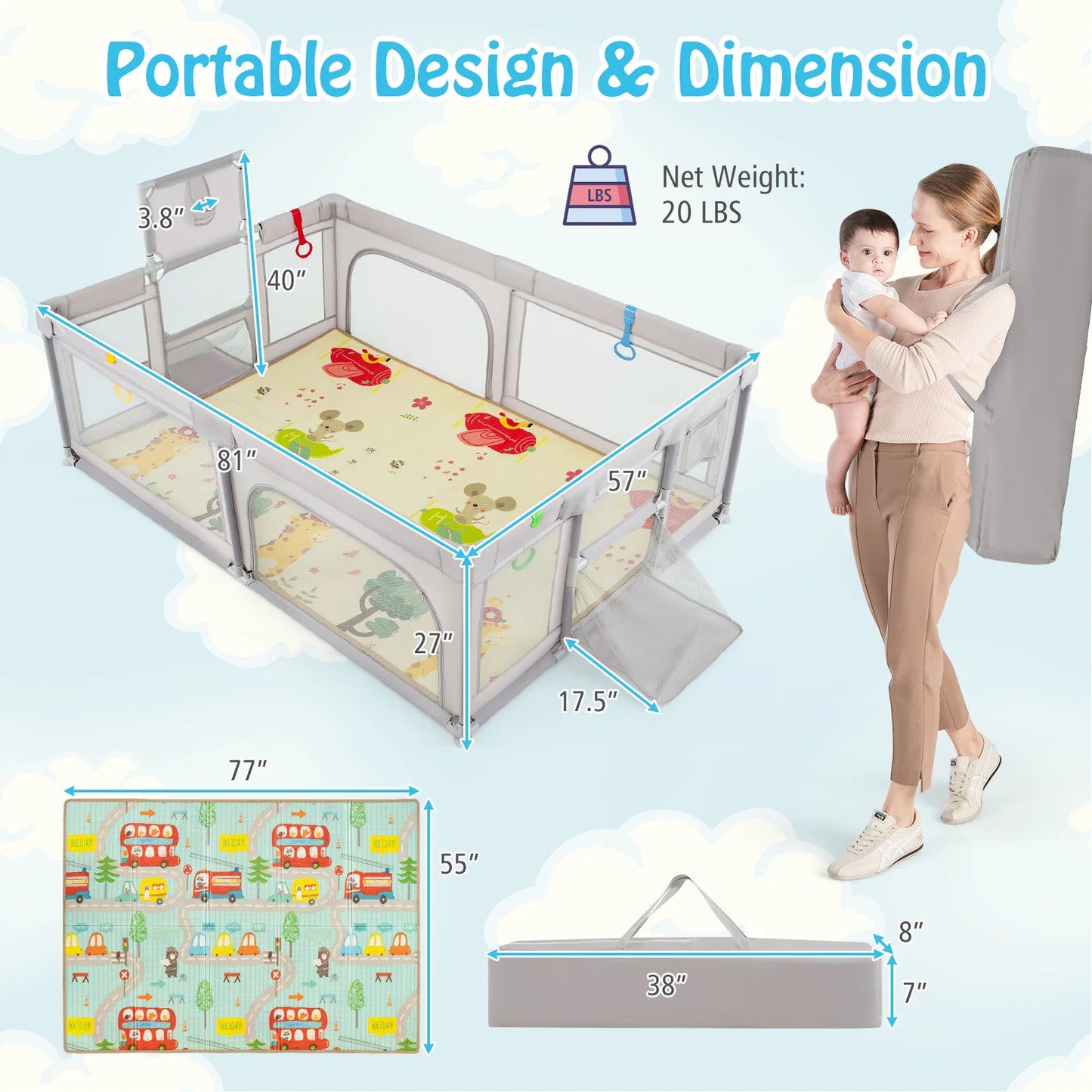 Large Baby Playpen with Mat, Playpen for Babies and Toddlers w/Basketball Hoop & Soccer Nets