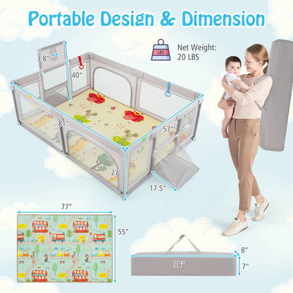 Large Baby Playpen with Mat, Playpen for Babies and Toddlers w/Basketball Hoop & Soccer Nets