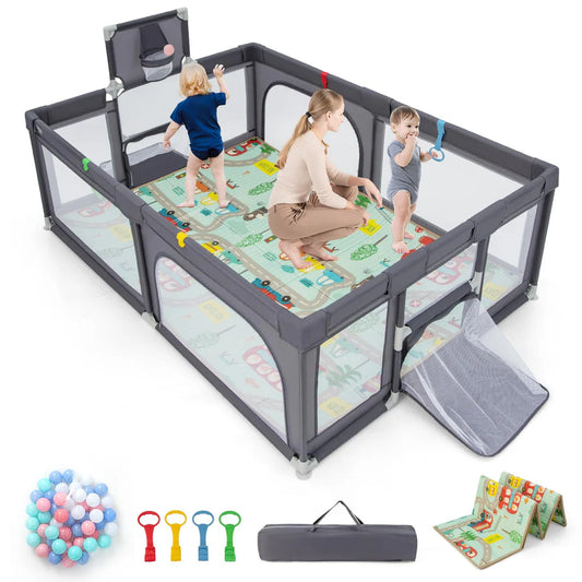 Large Baby Playpen with Mat, Playpen for Babies and Toddlers w/Basketball Hoop & Soccer Nets