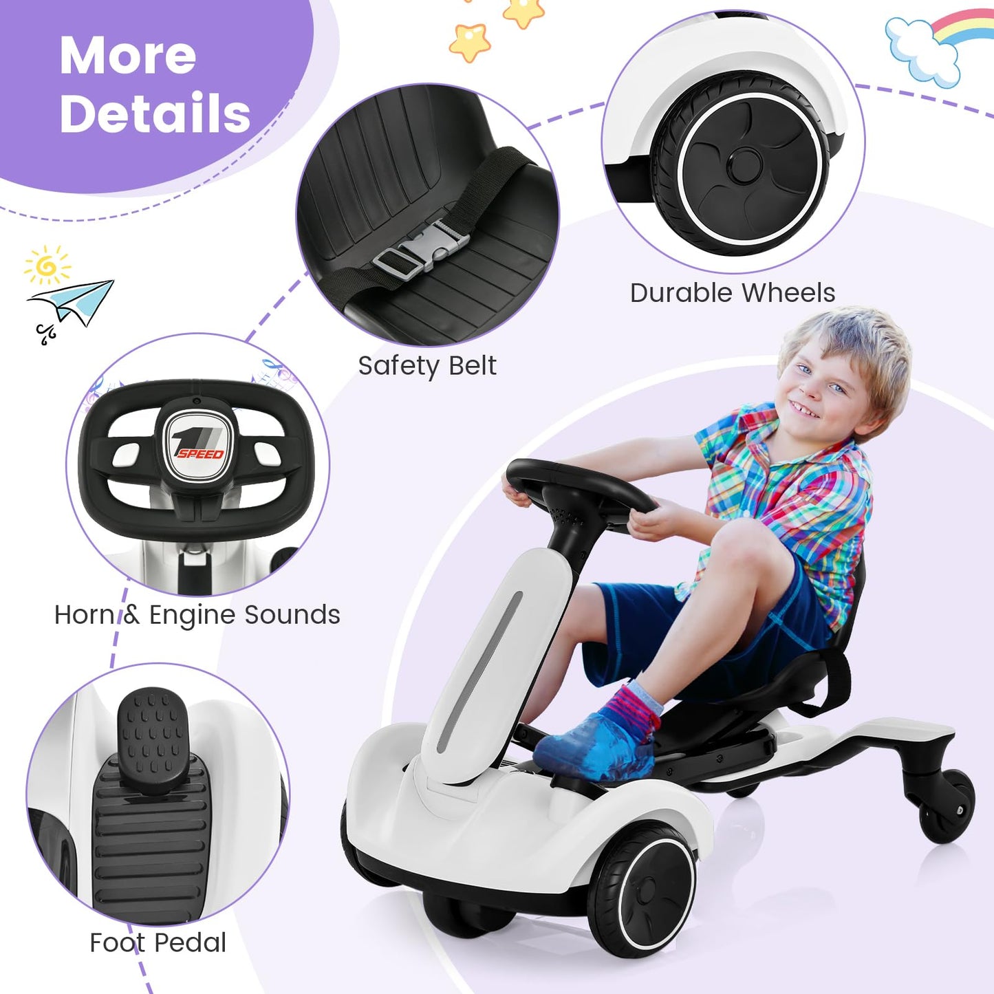Ride on Drift Car, 6V Electric Ride-On Toy W/360-Degree Spin, 2-Position Adjustable Seat Up & Down