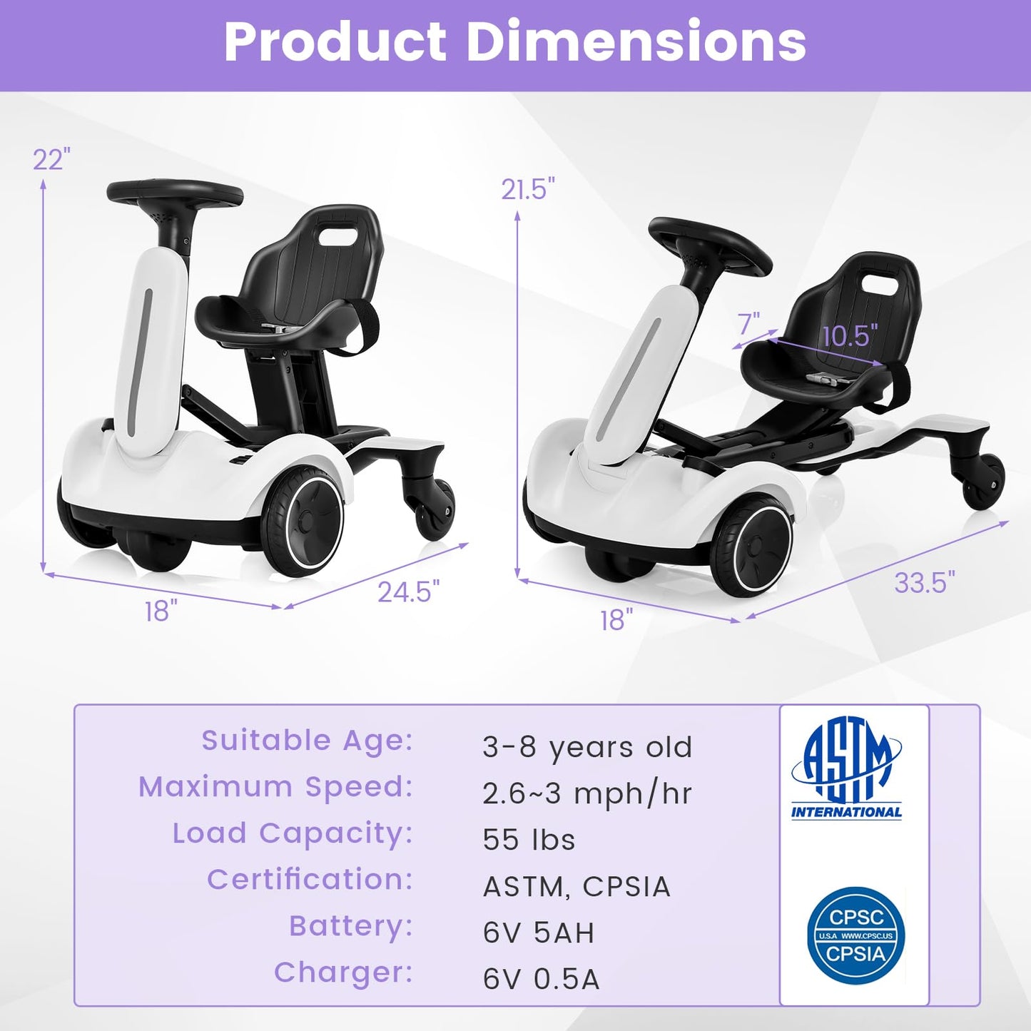 Ride on Drift Car, 6V Electric Ride-On Toy W/360-Degree Spin, 2-Position Adjustable Seat Up & Down
